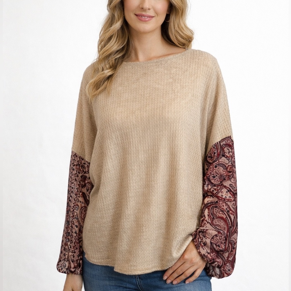 Gypsies & Moondust Boho Paisley Sleeve Waffle Knit Top Large Oversized
